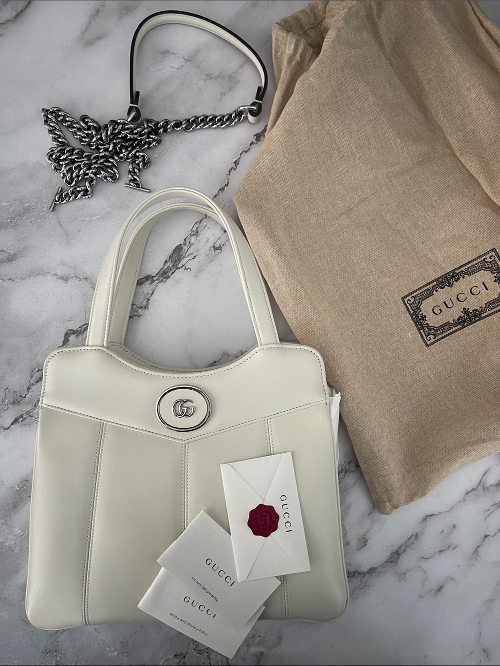 $3,250 New Gucci White GG Leather Top-Handle Bag Petite GG Medium Sienna calf